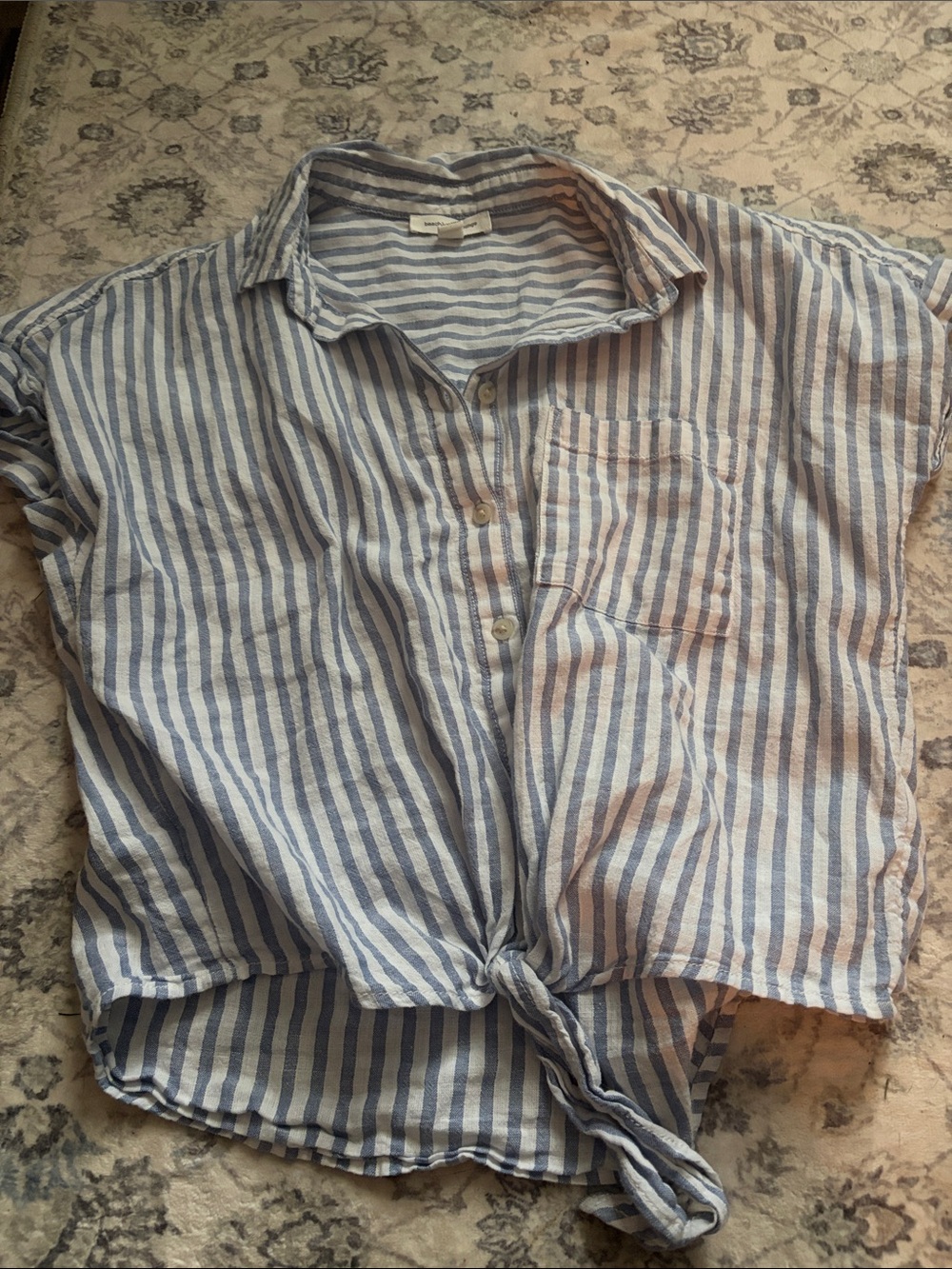 beachlunchlounge Blue and White Striped Button-Down Tie Front Shirt